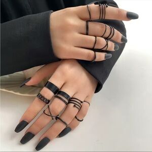 Black Geometric Splice Minimalist Ring Set 16pc